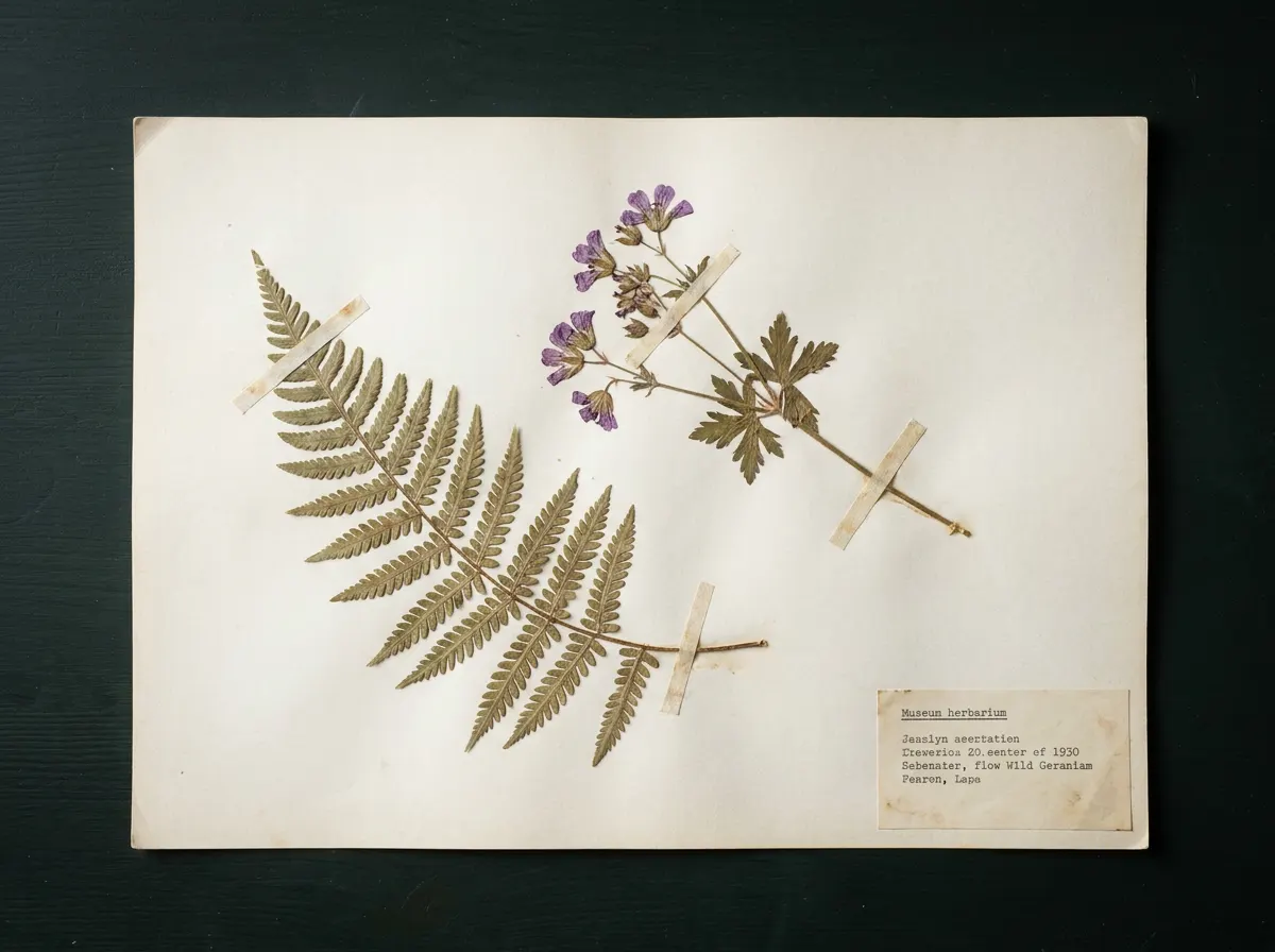 A pressed fern frond and a sprig of wild geranium taped to a herbarium sheet, with a typed determination label in the corner
